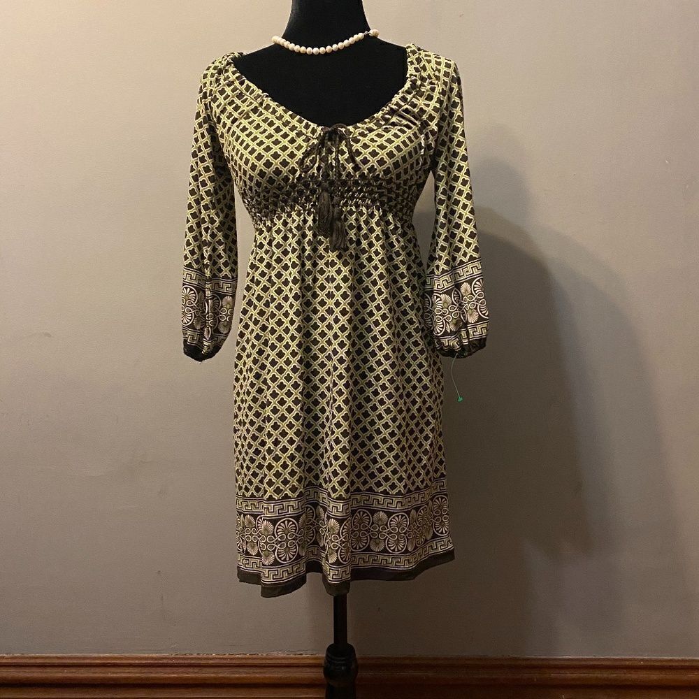 Boho Cottagecore Dress Sophie Max Puff Sleeve Green Brown Size Small